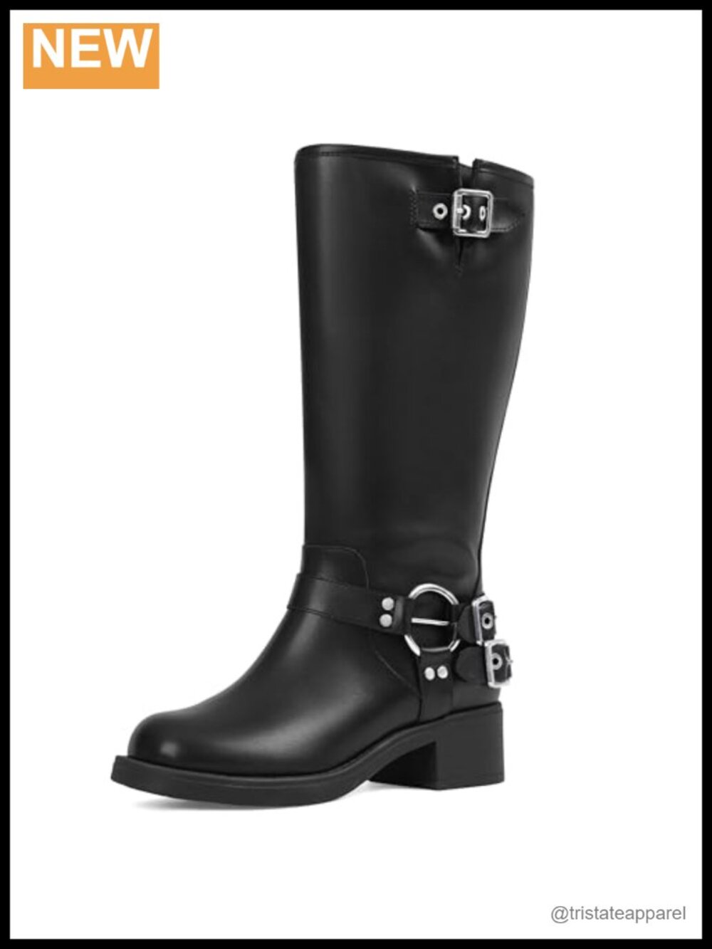 Wide Calf Knee High Boots Women Chunky Block Heel Moto Buckle Square Toe